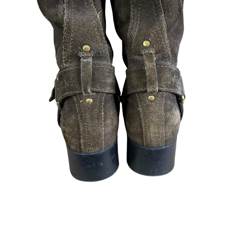 Prada Brown Mid calf Suede Biker Boots with Gold Buckle Logo EU 39 US 9 - Picture 9 of 13